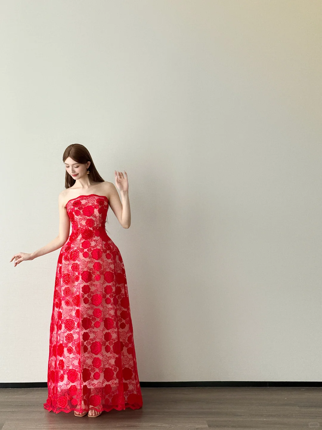 Red Strapless A Line Tulle Evening Dress 3D Flower Applique Gown  NV7116