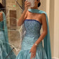 Blue gorgeous elegant sexy tube top ribbon with rhinestones long slit ball gown evening dress party dress nv2405