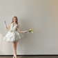 White Halter Deep V Bubble Mini Wedding Dress With 3D Flower  NV7142