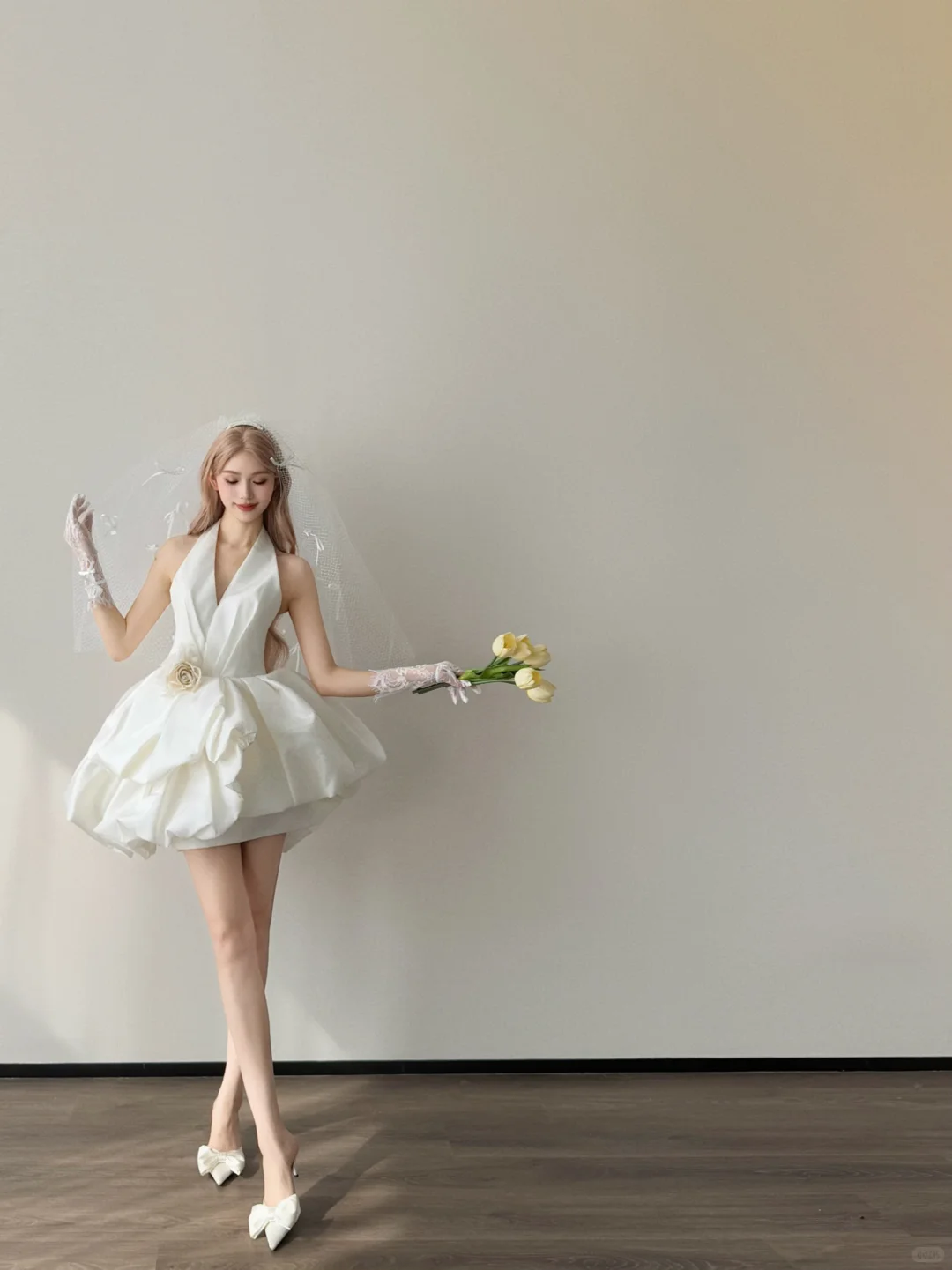White Halter Deep V Bubble Mini Wedding Dress With 3D Flower  NV7142