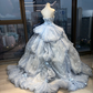Dusty Blue Strapless Princess Evening Gown 3D Flowers Cloud Ruffled Tulle Voluminous Ball Skirt Long Prom Dress  NV7020