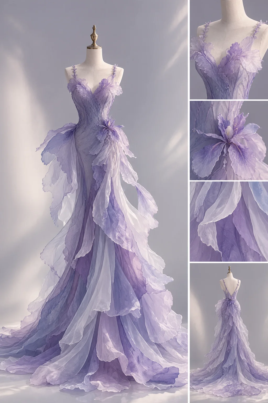 Purple Ombre 3D Floral Petal Mermaid Prom Dress, V Neck Spaghetti Strap Long Train Evening Gown  NV7446