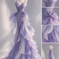 Purple Ombre 3D Floral Petal Mermaid Prom Dress, V Neck Spaghetti Strap Long Train Evening Gown  NV7446