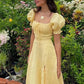 Yellow Elegant Long Puff Sleeve Slit Prom Dress Birthday Dress Evening Dress Wedding Guest Dress nv1710