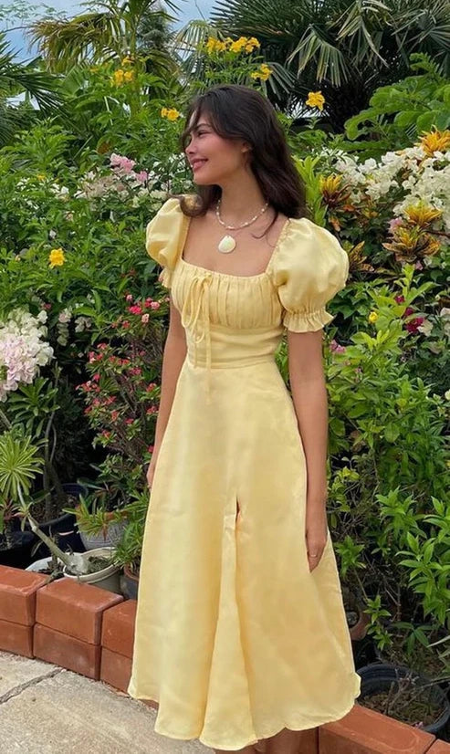 Yellow Elegant Long Puff Sleeve Slit Prom Dress Birthday Dress Evening Dress Wedding Guest Dress nv1710