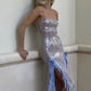 Silver Sequin Sexy Elegant Slim Fit Long Side Slit Blue Flower See-through Evening Dress Ball Gown nv2657