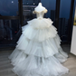 White Off Shoulder Princess Evening Gown 3D Flowers Tiered Ruffle Shimmer Organza Long Prom Dress  NV7016