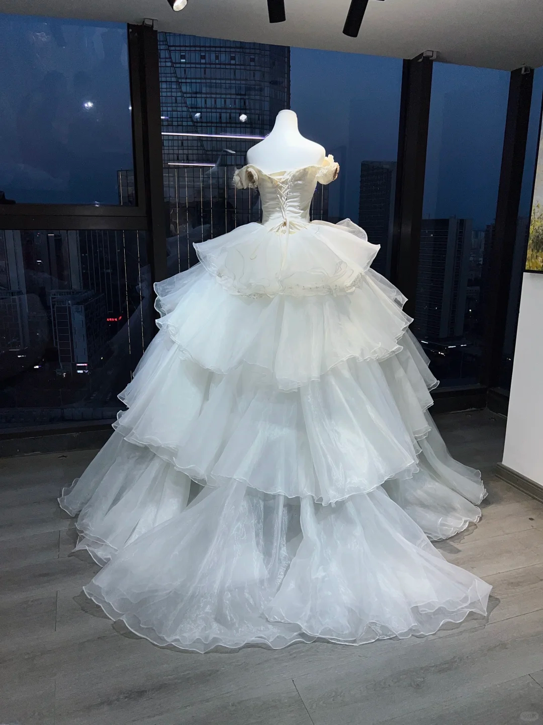 White Off Shoulder Princess Evening Gown 3D Flowers Tiered Ruffle Shimmer Organza Long Prom Dress  NV7016
