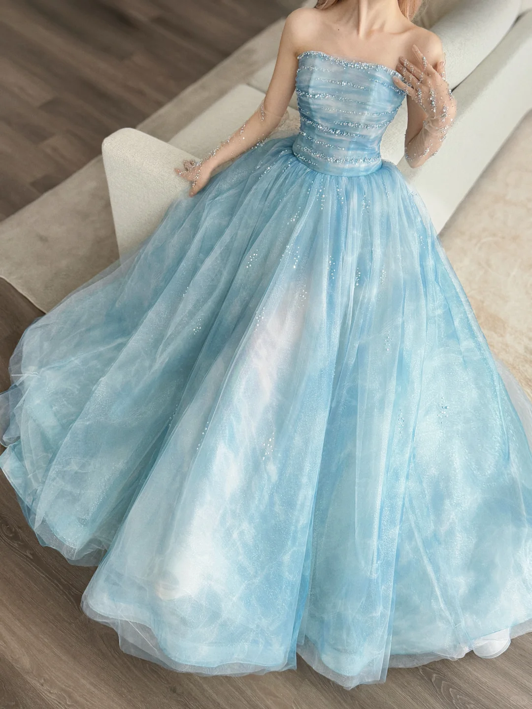 Ice Blue Strapless Glitter Tulle Ball Gown Prom Dress With Beading  NV7139