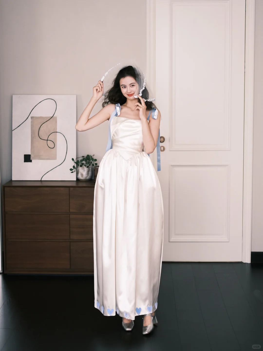 Square Neck Satin Midi Bridal Gown Bow Strap 3D Heart Wedding Dress  NV7200