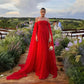 Red Off-the-shoulder Long A-line Ball Gown Elegant Chiffon Formal Party Dress with Train Evening Gown nv1974