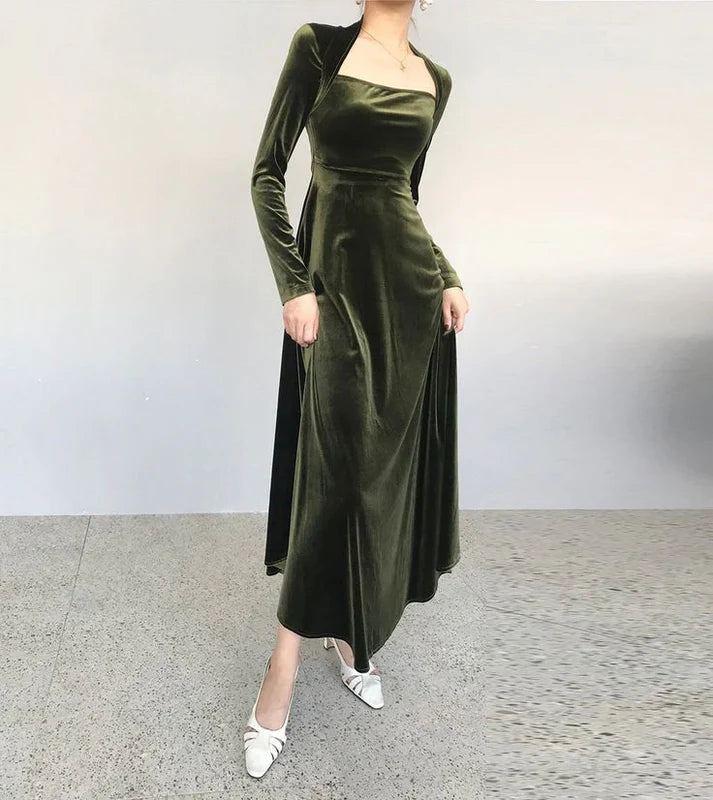 Green Simple Elegant Long Sleeve Velvet Ball Gown A-Line Evening Dress nv1917