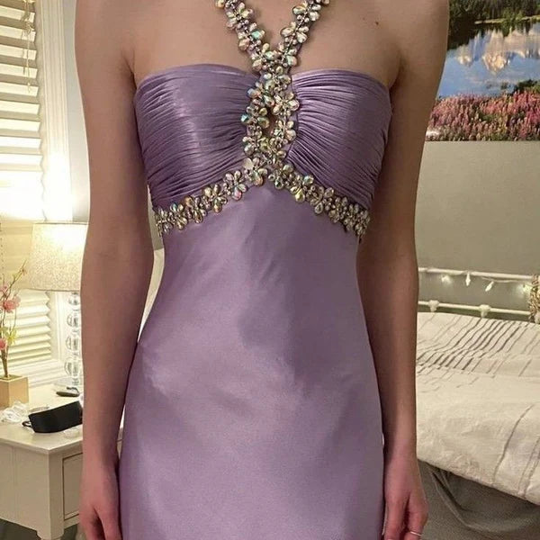 Charming Purple Satin Beaded Long Prom Gown Evening Gown Party Dress nv2229