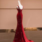 Red Exquisite Beaded Long Velvet Mermaid Slim Prom Dress Evening Dress Party Dress nv4730