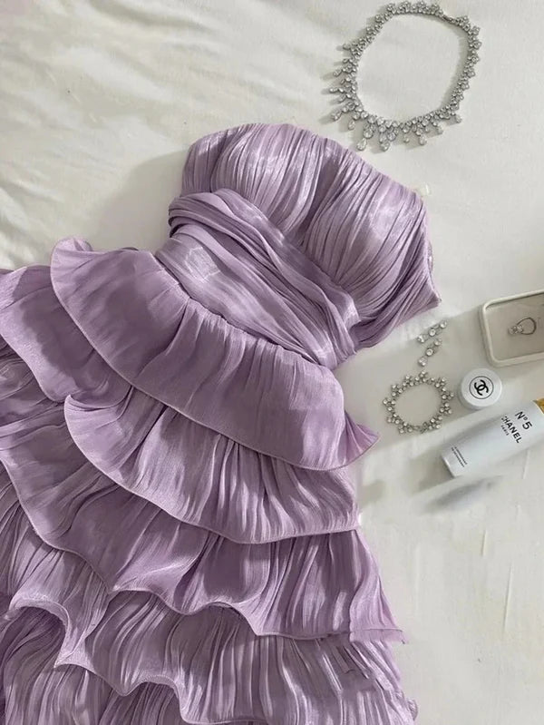 Lilac Off Shoulder Wave Tiered Mini Party Dress Birthday Outfit Evening Dress Prom Dress nv2049