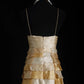 🧡Vintage brown and yellow sequined chiffon long ruffled ball gown party dress nv5208