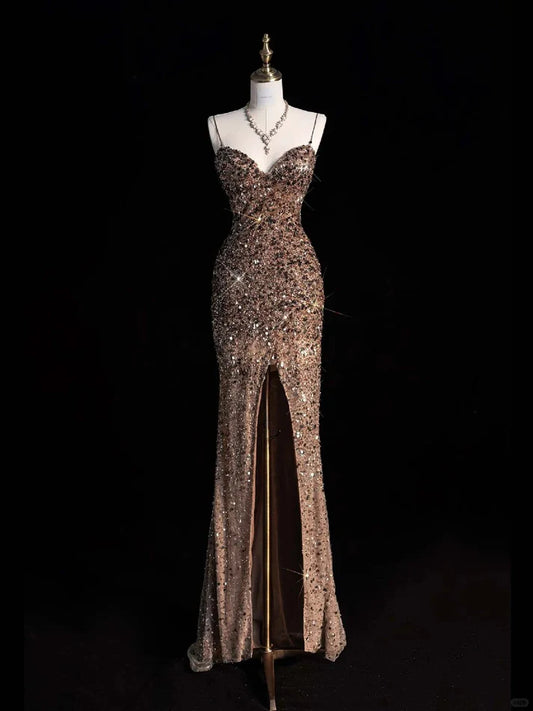 Brown Gold sequins shiny gorgeous elegant beautiful spaghetti straps long sexy slit sequins floor-length ball gown evening dress nv4276