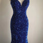 Royal blue vintage elegant pleated long sequin velvet beaded mermaid fishtail slim floor-length tail ball gown evening dress party dress wedding dress nv4123