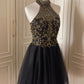Black gold beaded short vintage homecoming dress birthday party dress nv4711