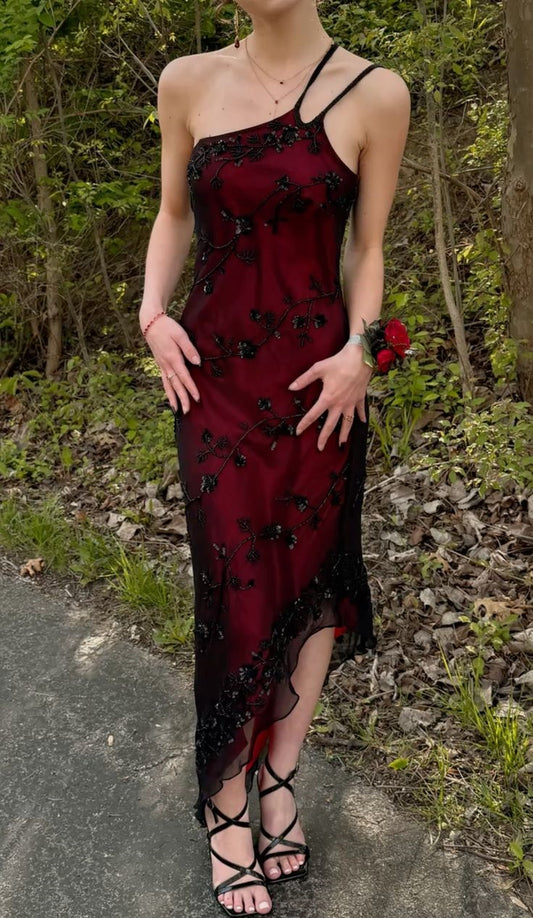 NiceVestidos--Niche Party Style Burgundy Black Floral One - Shoulder Asymmetrical Long Birthday Dress NV5802
