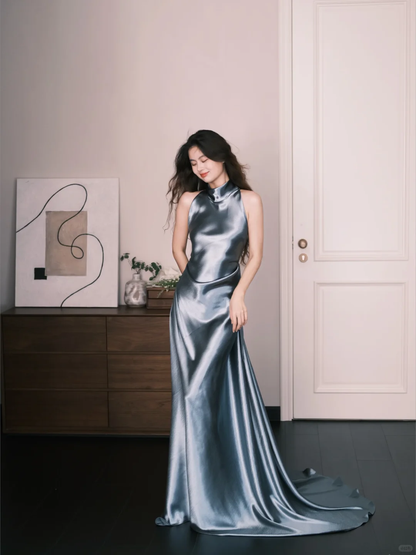 Halter Satin Mermaid Prom Dress, High Neck Evening Gown  NV7340