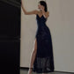 Navy Blue Fashion Elegant Low Cut V Neck Sequined Long Tulle Slit Evening Dress Prom Party Dress nv2609