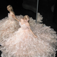Off Shoulder Light Pink Ball Gown Prom Dress, Tiered Scalloped Tulle Beaded Evening Gown  NV7108