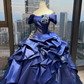 Royal Blue Off Shoulder Princess Ball Gown Puff Sleeve Beaded Embroidery 3D Flower Ruffled Satin Tulle Long Evening Gown  NV6999
