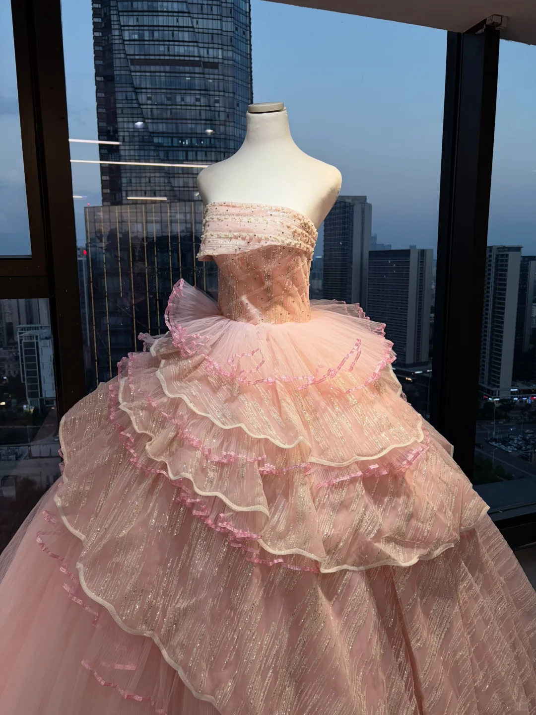 Strapless Pink Prom Dress Hand Beaded Sequin Tiered Glitter Tulle Cake Ball Gown  NV7055