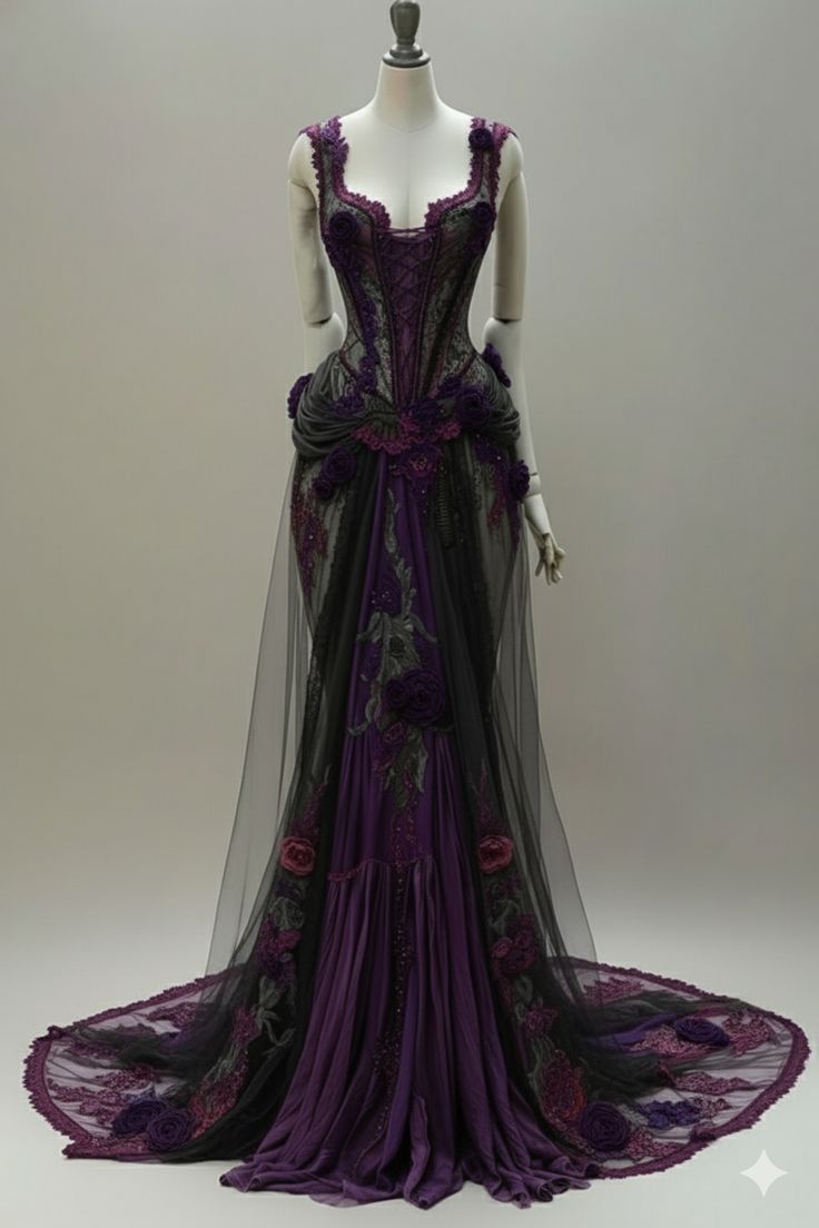 Dunkelromantisches Spitzenkorsettkleid | Lila-schwarzes Maxikleid mit kontrastierenden 3D-Blumen und Schleppe im Meerjungfrauenstil für Retro-Mottopartys und elegante Dinnerpartys NV6276