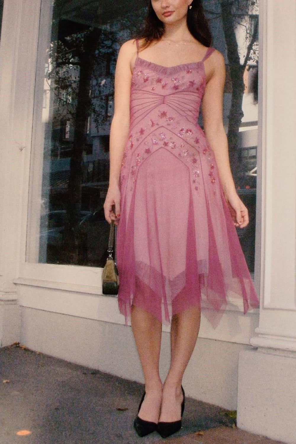 NiceVestidos--Pink beaded mid-length homecoming dress prom dress NV5692