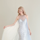 Light Ice Blue Halter Mermaid Prom Gown Sequin Embroidery Detachable Tulle Cape  NV7173