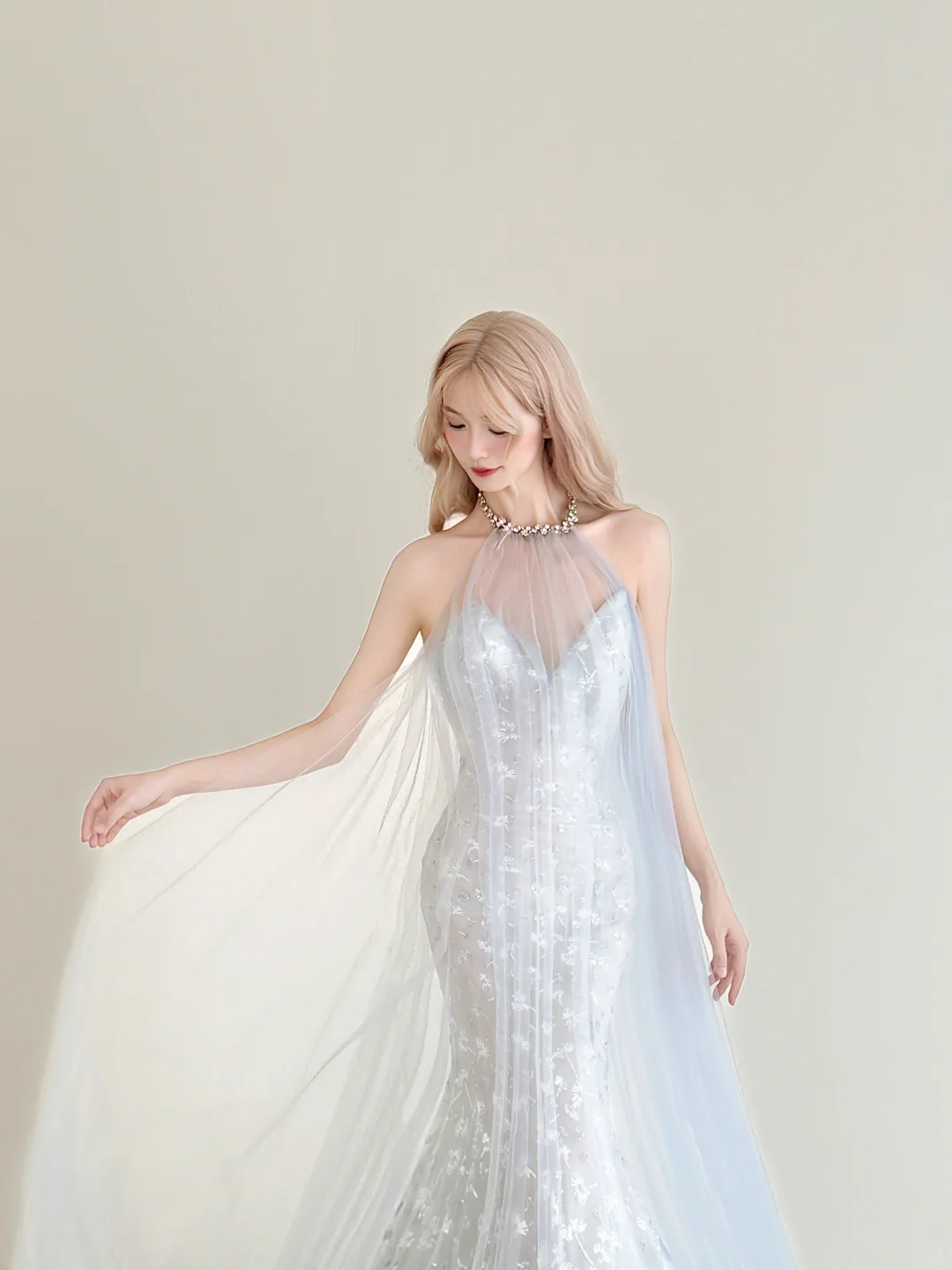 Light Ice Blue Halter Mermaid Prom Gown Sequin Embroidery Detachable Tulle Cape  NV7173