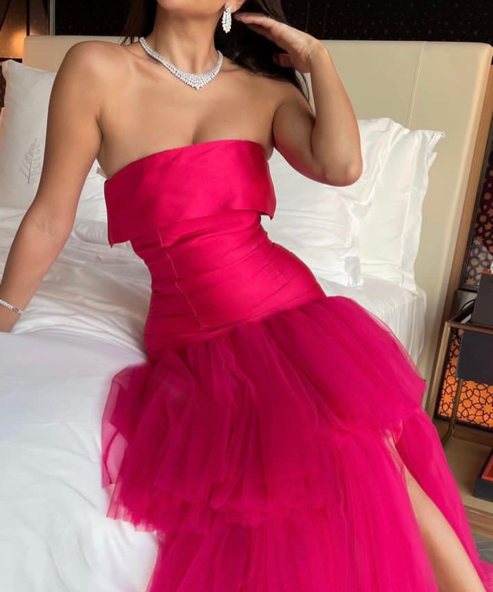 Hot Pink Elegant Charming Cute Sweetheart A-Line Off-the-shoulder Ball Gown Layered Tulle Long Slit Formal Dress Prom Dress Evening Dress Party Dress nv2501