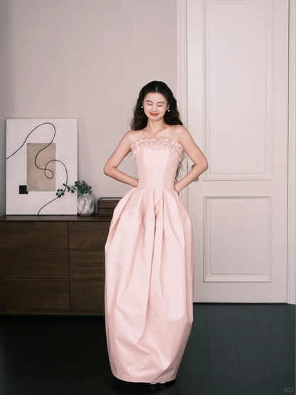 Light Pink Strapless Bubble Prom Dress 3D Floral Evening Gown  NV7214
