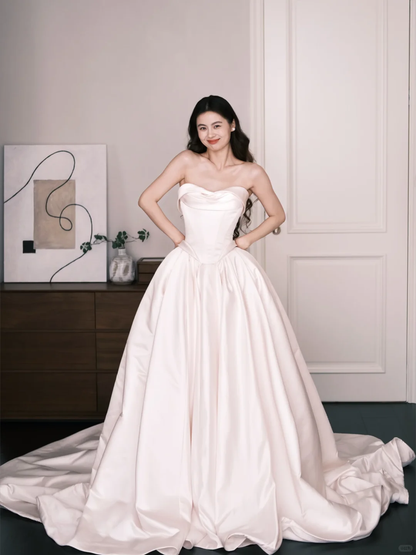 Light Blush Pink Strapless Satin Ball Gown Wedding Dress Bridal Gown  NV7223