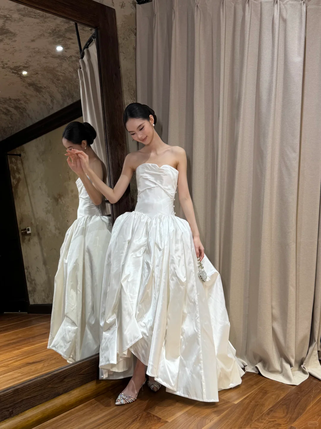 Ivory Strapless Twisted Draped Satin A-Line Wedding Gown  NV7194