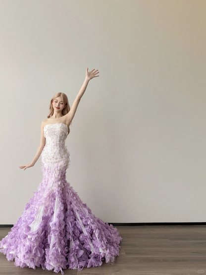 Lavender Ombre Strapless Mermaid Prom Dress 3D Flower Petal Train  NV7140