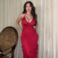 Gorgeous Red Strap Glitter Ruffle Mermaid Long Evening Dress Prom Dress Party Dress nv2287