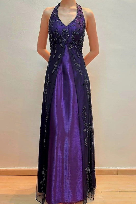 NiceVestidos--Vintage Glam Style Purple - Black Gradient Tulle Beaded Halter Floor-Length Evening Dress NV5804