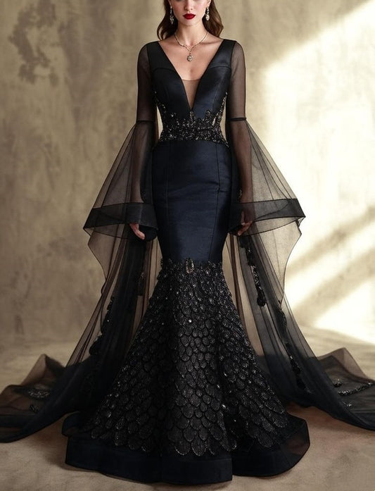 Luxuriöses Meerjungfrauenkleid im Retro-Stil aus Satin und Tüll mit Glockenärmeln, Fischschuppenmuster und Perlenbesatz – Hochwertiges Kleid für Dinner, Ball und Verlobungsbankett NV6327