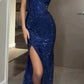 Blue shiny elegant sequins spaghetti strap sleeveless long slit long ball gown evening dress party dress nv2424