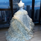 Light Blue Strapless Princess Ball Gown 3D Flower Lace Embroidery Tiered Ruffle Organza Long Evening Gown  NV7007