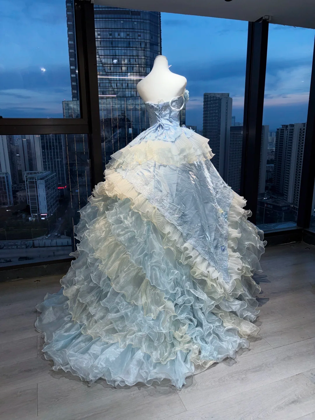 Light Blue Strapless Princess Ball Gown 3D Flower Lace Embroidery Tiered Ruffle Organza Long Evening Gown  NV7007