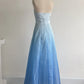 NiceVestidos-Blue and white exquisite floral fashion gradient tube top long floor-length ball gown graduation dress nv5523