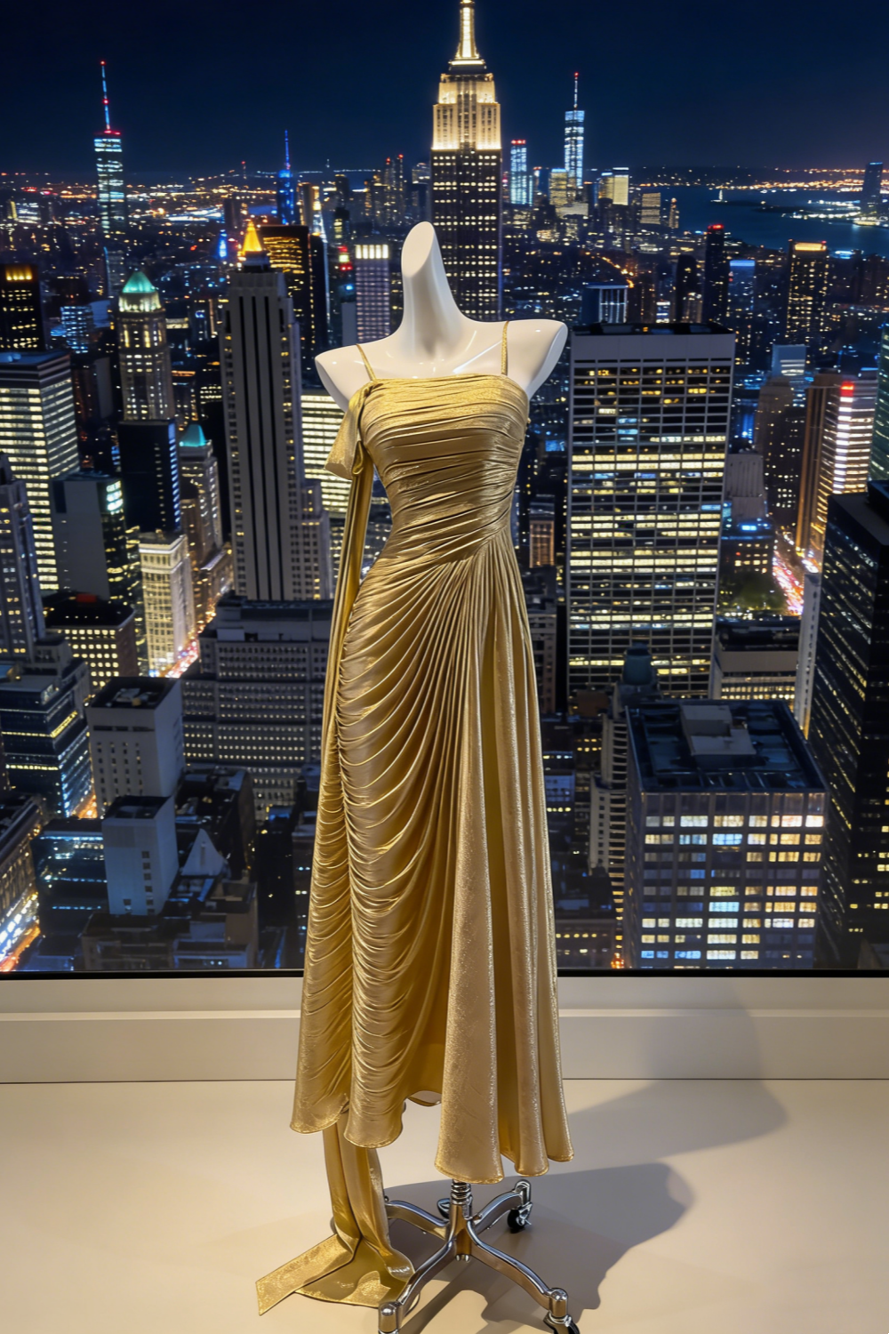 Goldglänzendes, dehnbares Abendkleid mit dünnen Spaghettiträgern – luxuriöses, asymmetrisches Maxikleid mit Schnürung NV6786