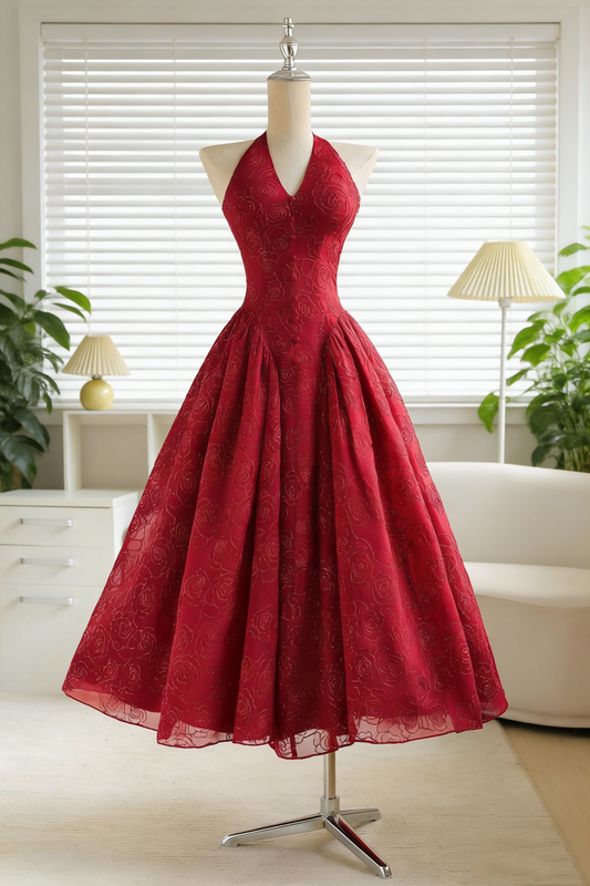 Unique & Stylish! Wine Red Halter Neck Lace Gown Midi Elegant Evening Dress NV6827