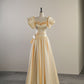 Yellow Stylish Elegant Delicate Floral Short Sleeve Long Satin Prom Dress Evening Dress Birthday Party Dress Prom Dress Graduation Dress nv4008