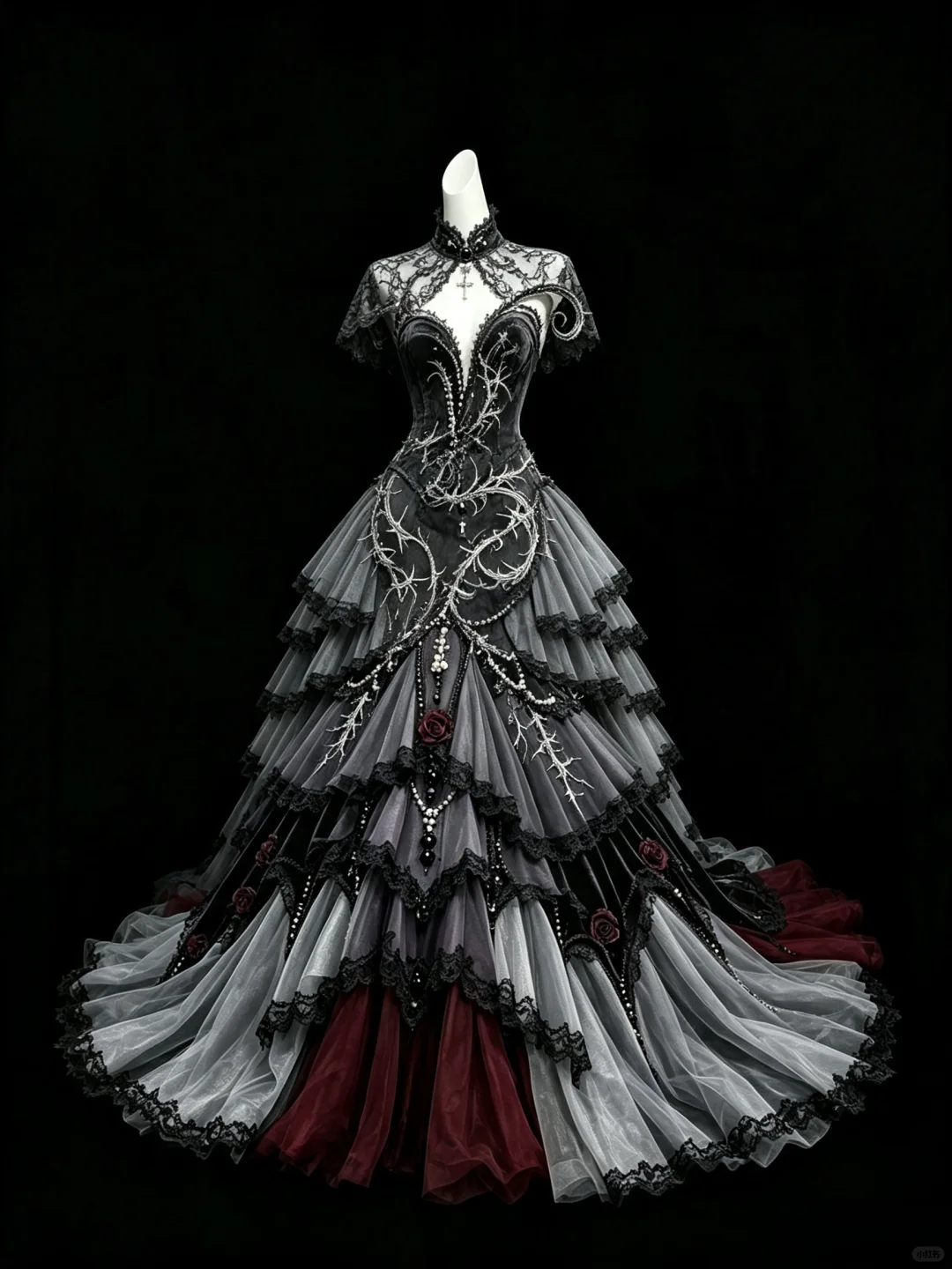 Gothic Black Grey Tiered Cake Prom Dress, Lace Capelet, Thorn Rhinestone & 3D Rose Evening Gown  NV7459
