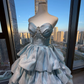 Ice Blue Strapless Princess Evening Gown Sweetheart Neck Pearl Rhinestone Shiny Tiered Cake Skirt Long Prom Dress  NV7017